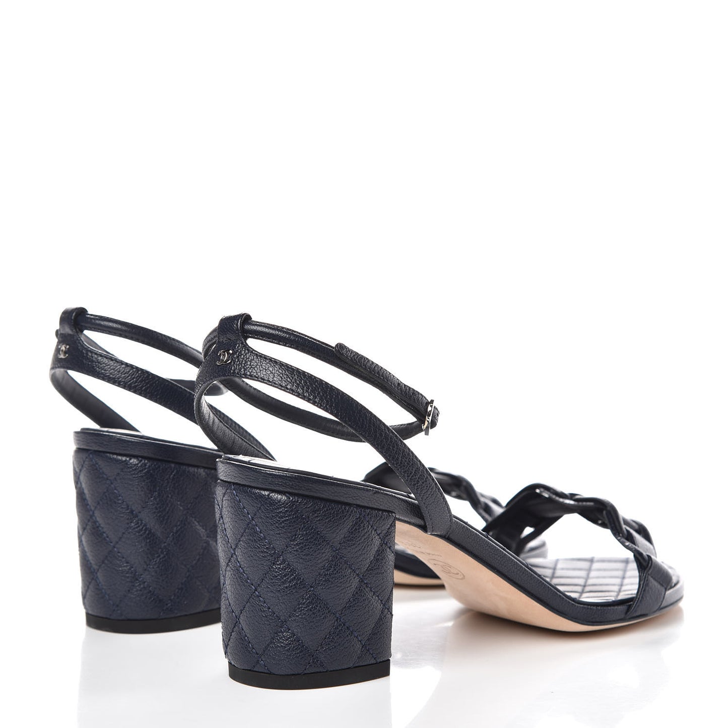 Grained Calfskin Quilted Sandals 38.5 Navy Blue
