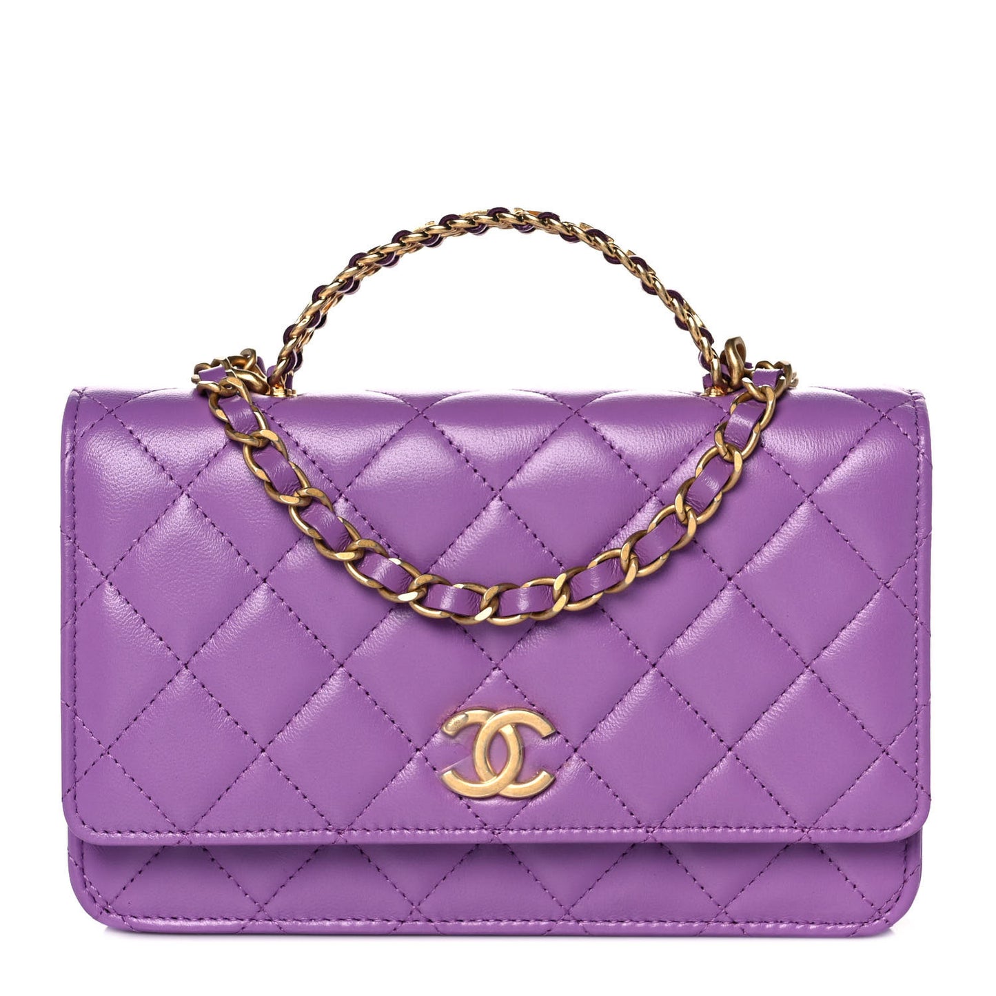 Lambskin Quilted Pick Me Up Wallet On Chain WOC Purple