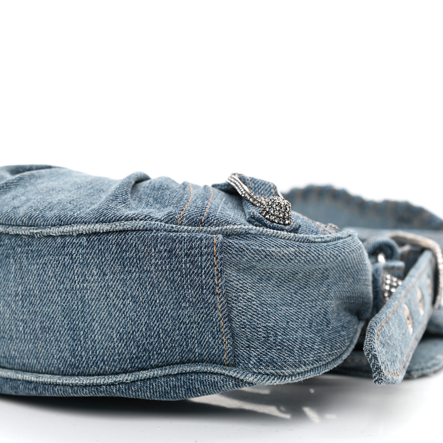 Washed Frayed Denim Crystal Le Cagole Shoulder Bag XS Blue