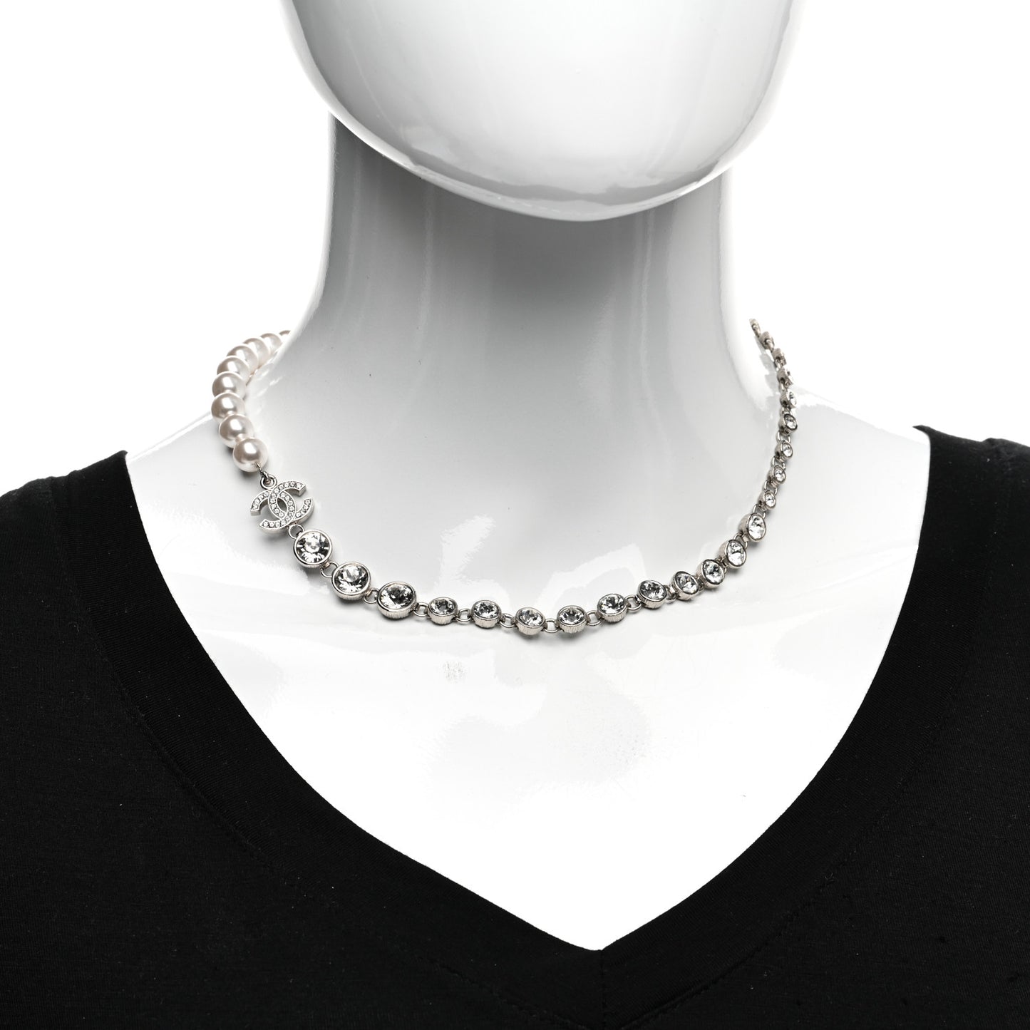 Pearl Crystal CC Choker Necklace Silver