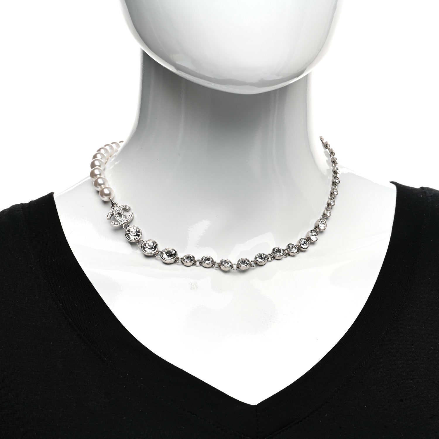Chanel Pearl Crystal CC Choker Necklace Silver 2 of 5