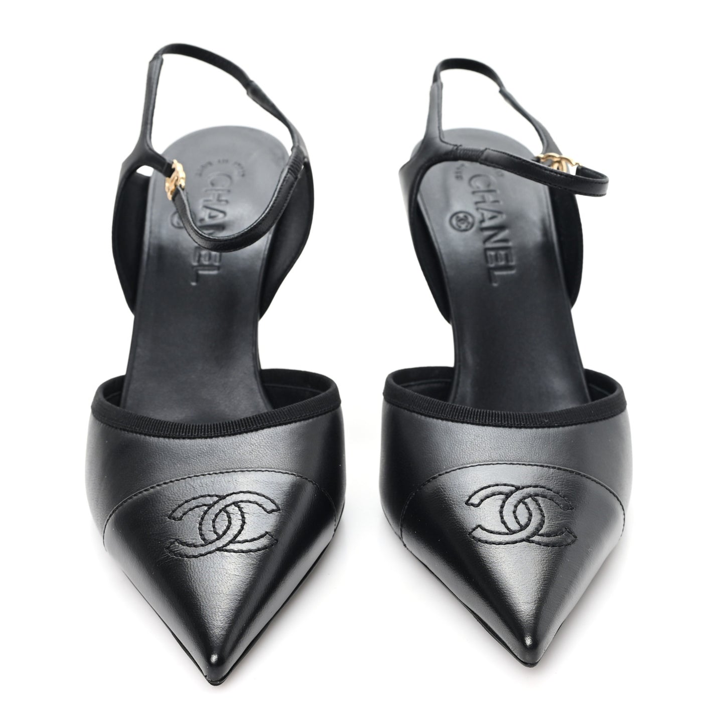 Iridescent Lambskin Pointed Cap Toe CC Slingback Pumps 41 Black