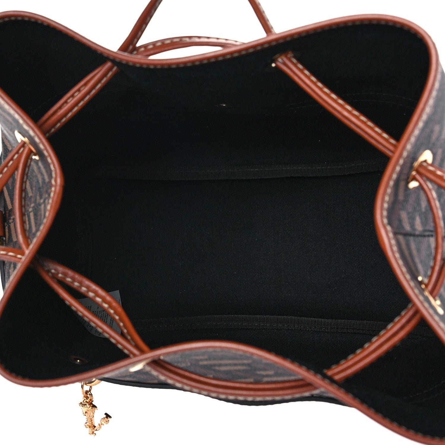 Versace Coated Canvas La Greca Signature Drawstring Bucket Bag Black Carmel 4 of 7