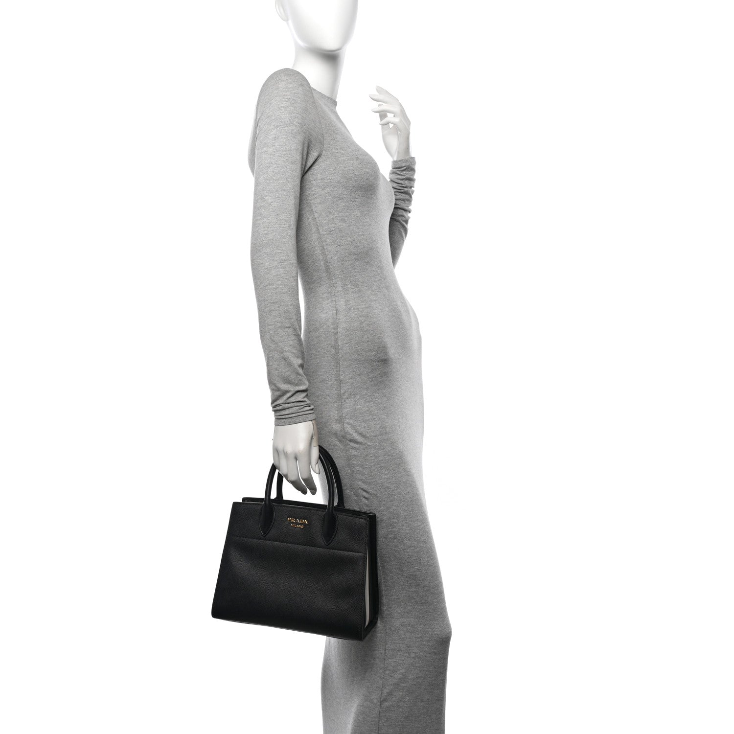 Prada Saffiano City Calfskin Small Bibliotheque Top Handle Black White 2 of 11