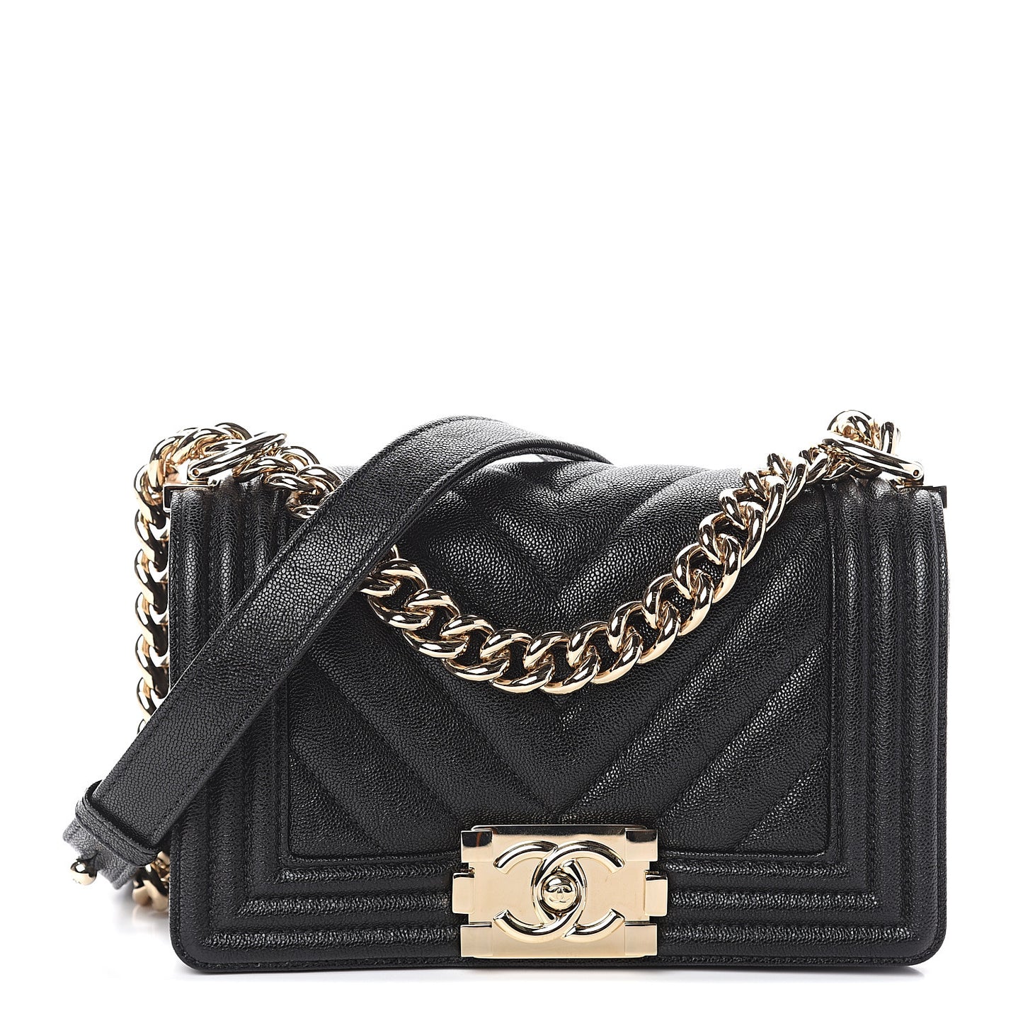 Caviar Chevron Quilted Small Boy Flap Black