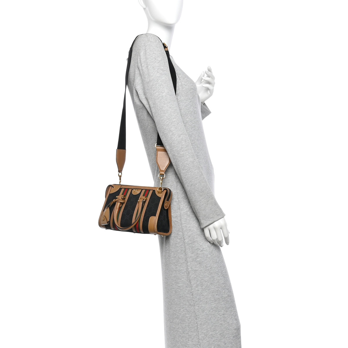 Monogram Textured Dollar Calfskin Web Mini Bauletto Duffle Top Handle Bag Black Koi Beige