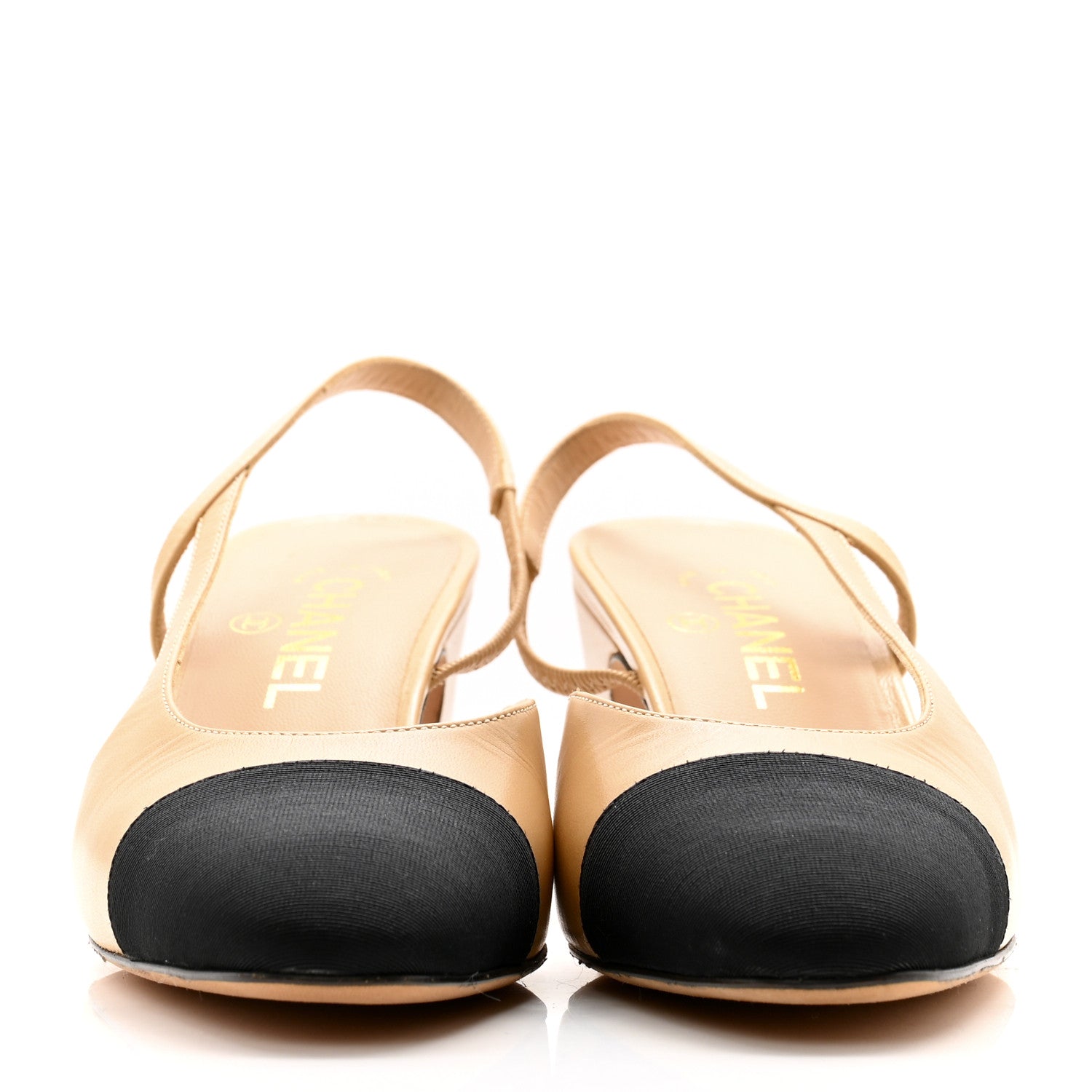 Chanel Goatskin Grosgrain Cap Toe CC Slingback Pumps 38 Beige Black 2 of 12