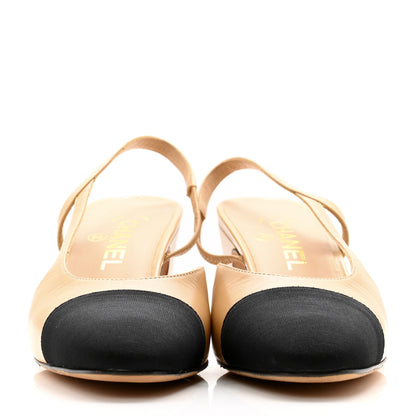 Chanel Goatskin Grosgrain Cap Toe CC Slingback Pumps 38 Beige Black 2 of 12
