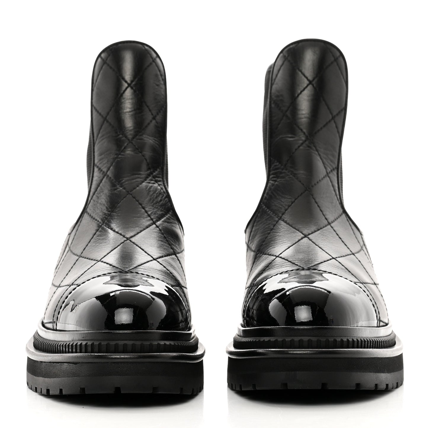 Calfskin Patent Cap Toe Quilted Short Boots 36.5 Black