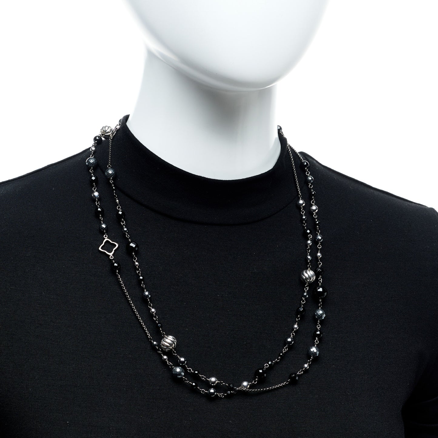 Darkened Sterling Silver Black Onyx Hematite Quatrefoil Bead Chain Necklace