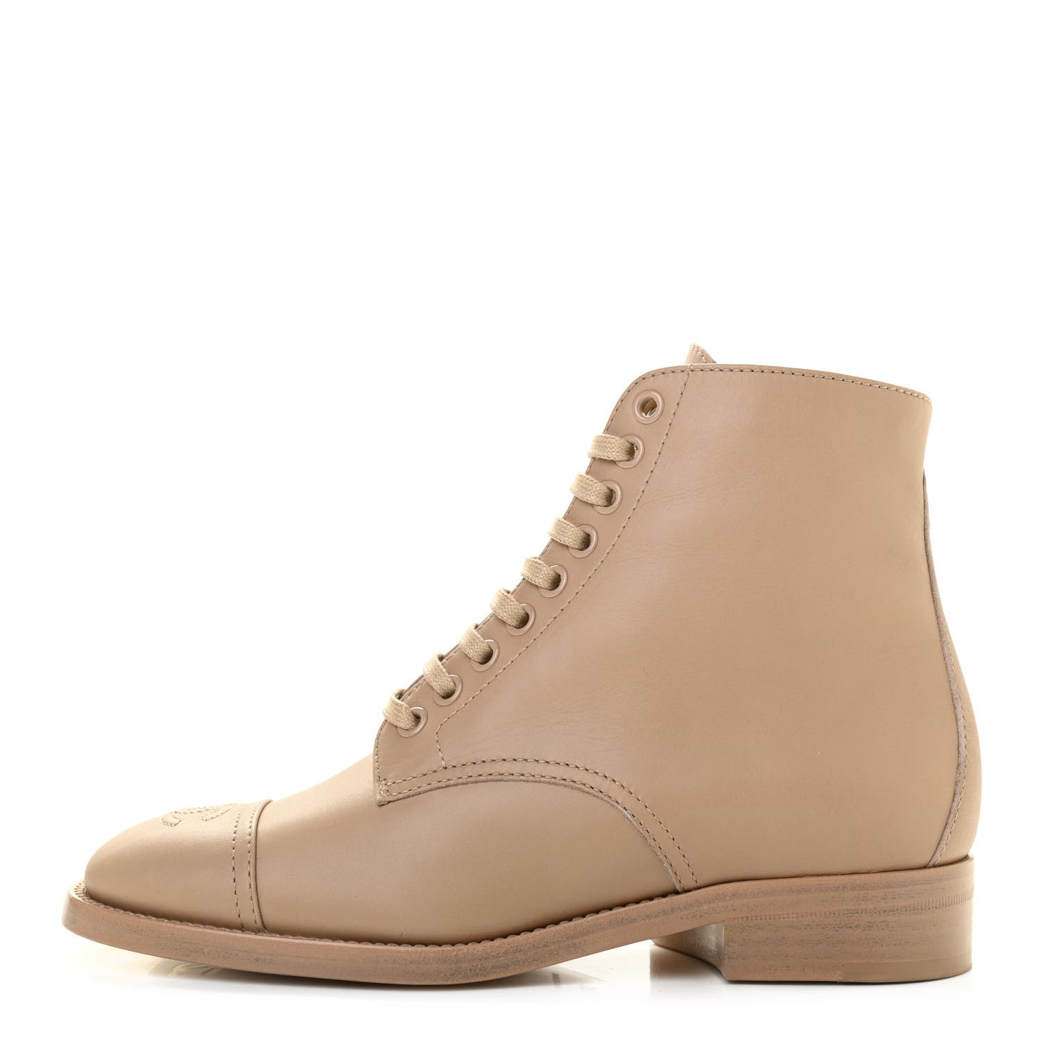 Chanel Calfskin Cap Toe CC Lace Up Boots 36 Beige 1 of 11