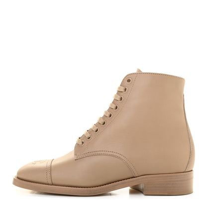 Chanel Calfskin Cap Toe CC Lace Up Boots 36 Beige 1 of 11
