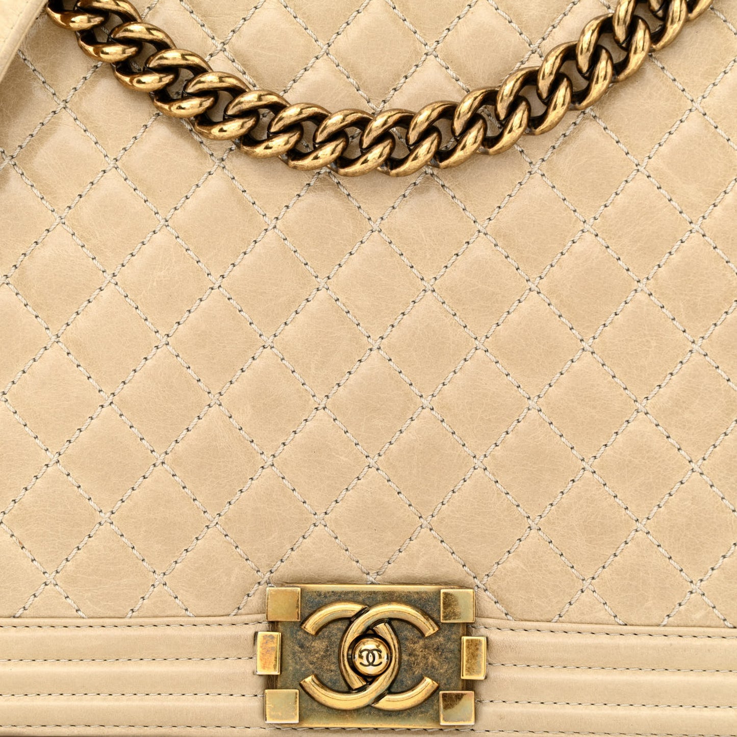 Glazed Calfskin Quilted Large Boy Flap Beige