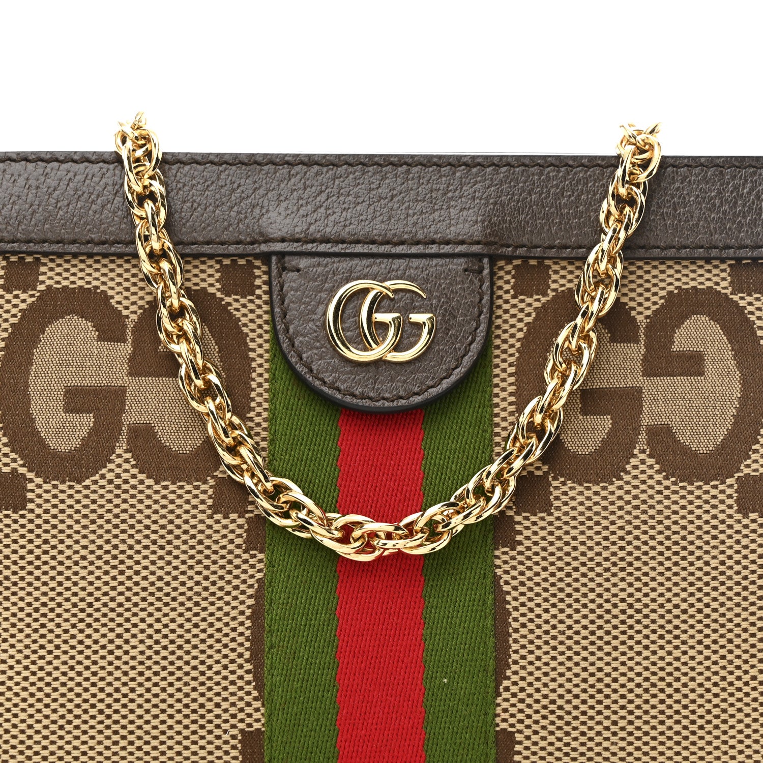 Gucci Monogram Jumbo GG Textured Dollar Calfskin Web Small Ophidia Chain Shoulder Bag Camel Ebony New Acero 8 of 10