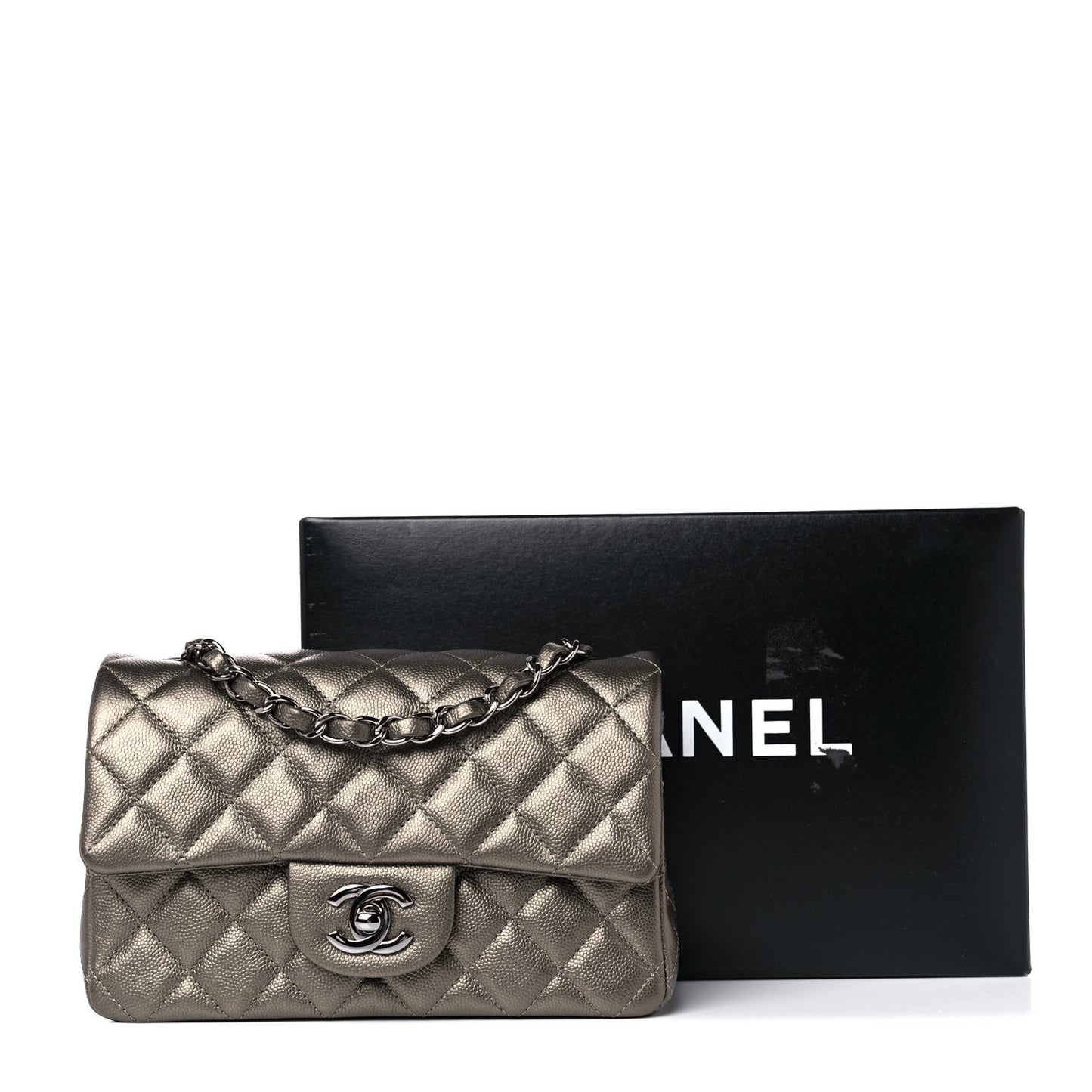 Iridescent Caviar Quilted Mini Rectangular Flap Bronze