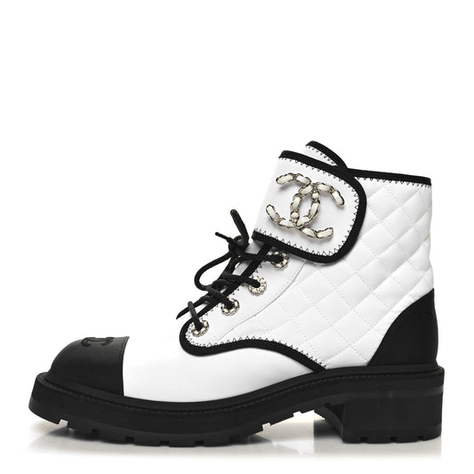 Fabric Grosgrain Quilted Cap Toe Lace Up Combat Boots 41 White Black