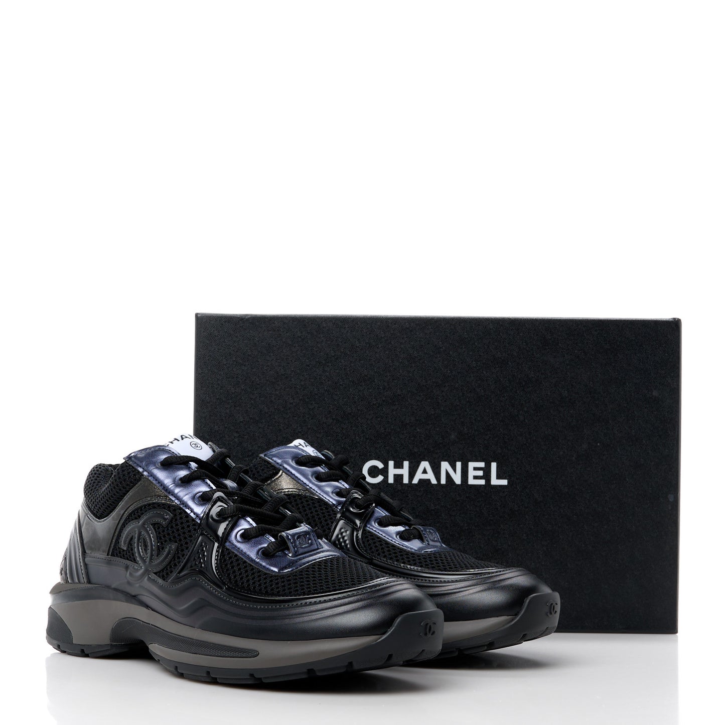 Fabric Laminated Calfskin Stretch CC Womens Sneakers 39.5 Black