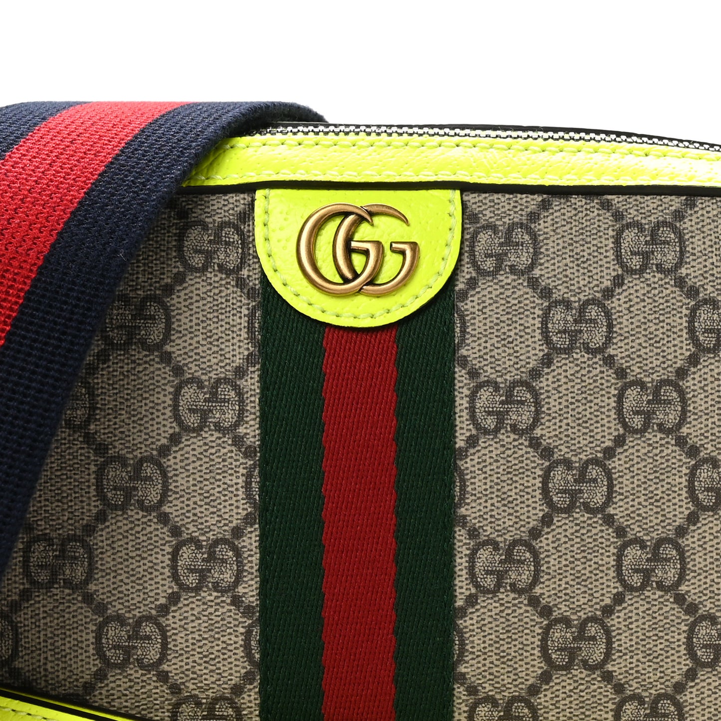 GG Supreme Monogram Textured Dollar Calfskin Web Ophidia Wristlet Shoulder Bag Beige Ebony Fluo Yellow