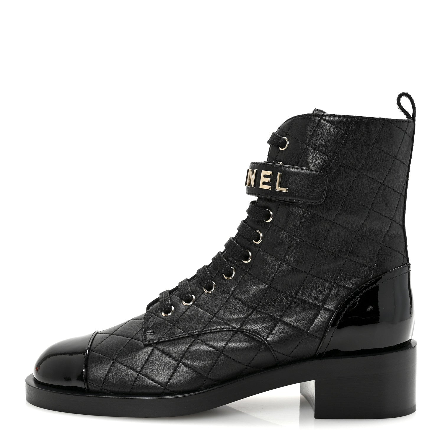 Chanel Lambskin Patent Calfskin Quilted Logo Lace Up Combat Boots 40.5 Black 1 of 10