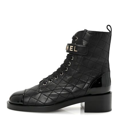 Chanel Lambskin Patent Calfskin Quilted Logo Lace Up Combat Boots 40.5 Black 1 of 10