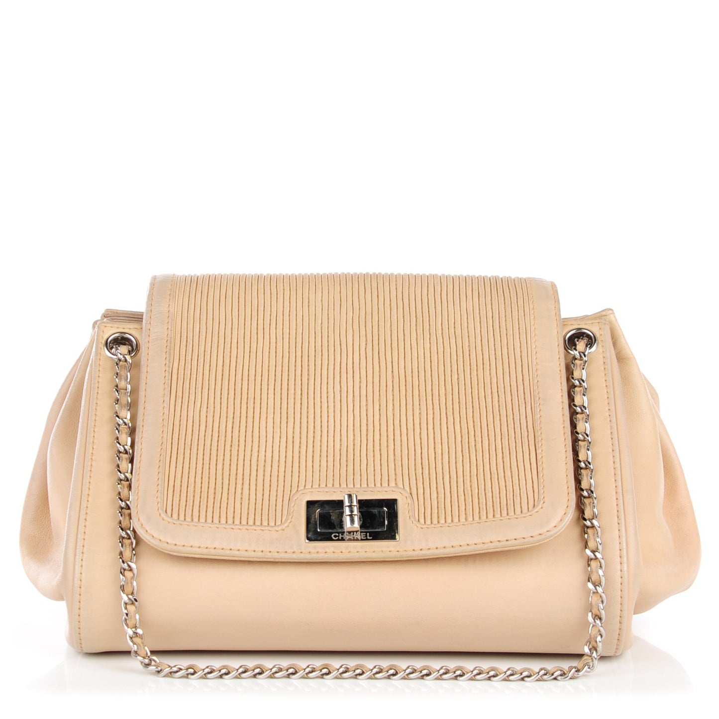 Lambskin Vertical Quilt Accordion Flap Beige