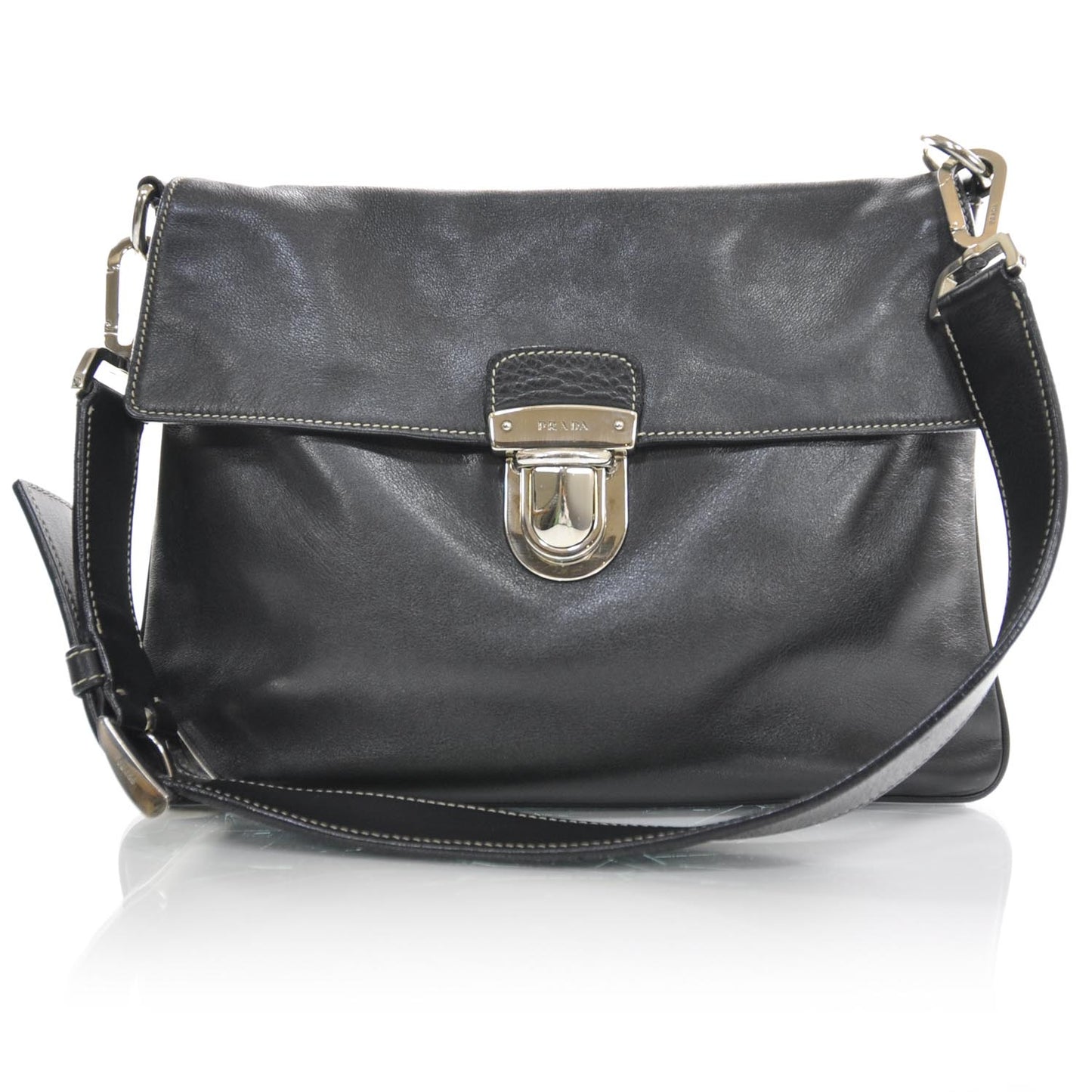 Leather Pushlock Flap Shoulder Bag Black