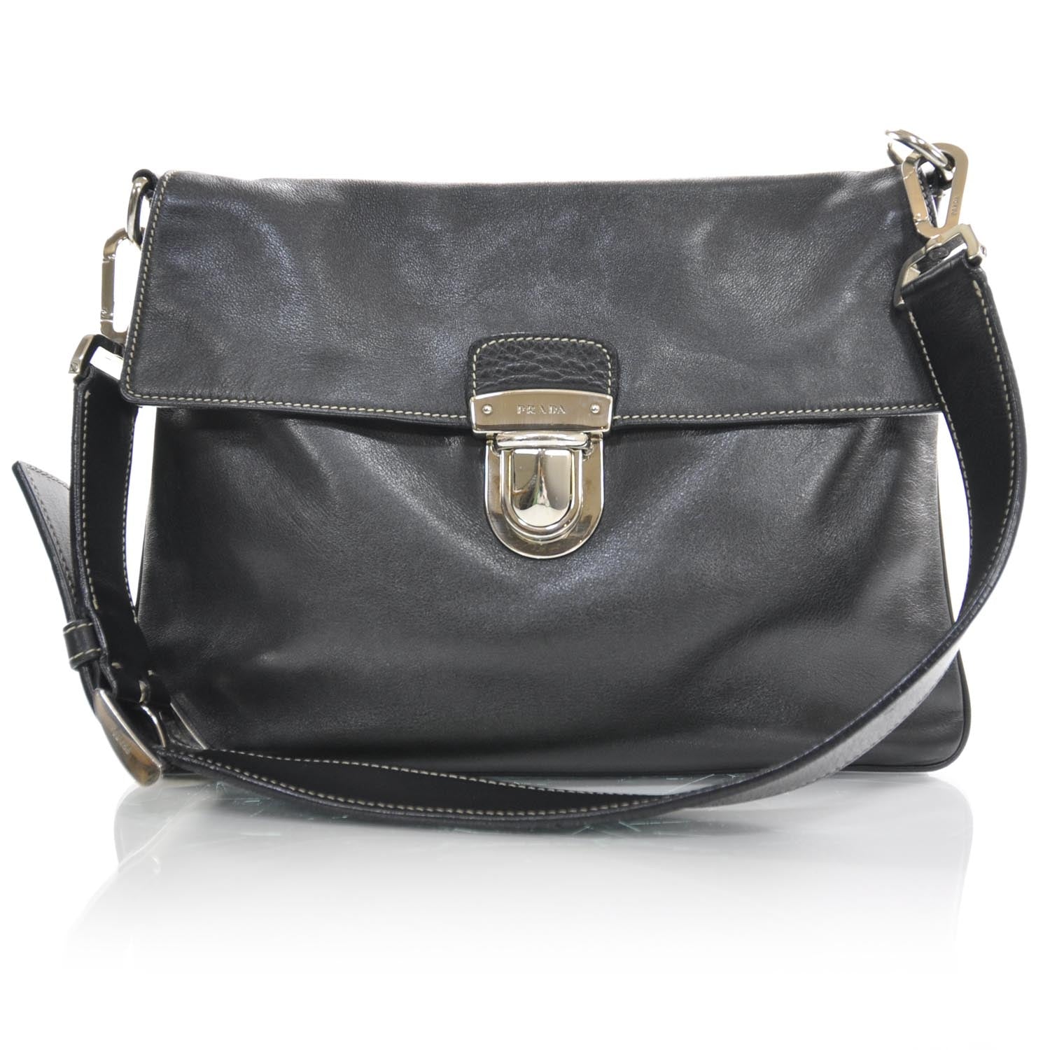 Prada Leather Pushlock Flap Shoulder Bag Black 1 of 9