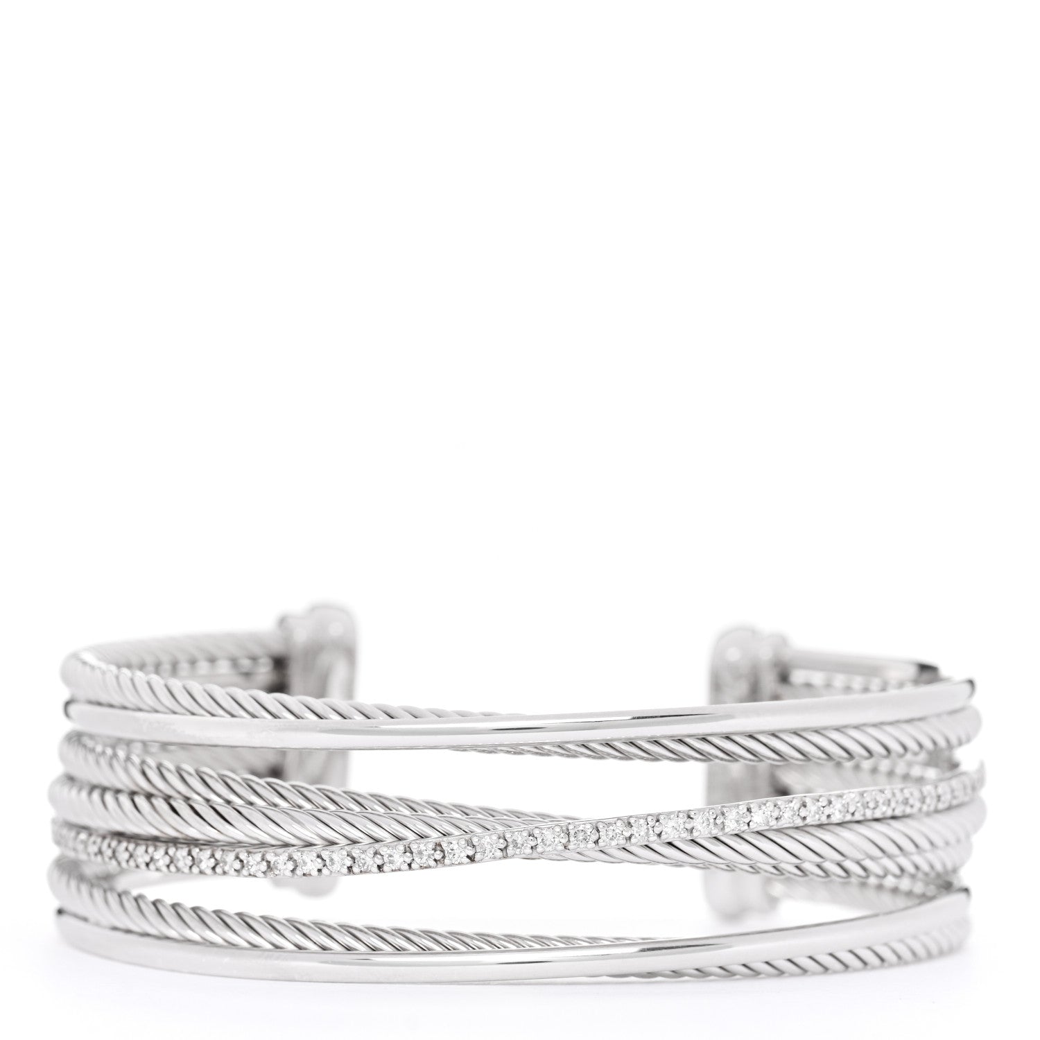 David Yurman Sterling Silver Diamond Crossover Four Row Cuff Bracelet 1 of 3