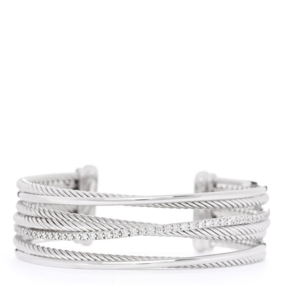 David Yurman Sterling Silver Diamond Crossover Four Row Cuff Bracelet 1 of 3