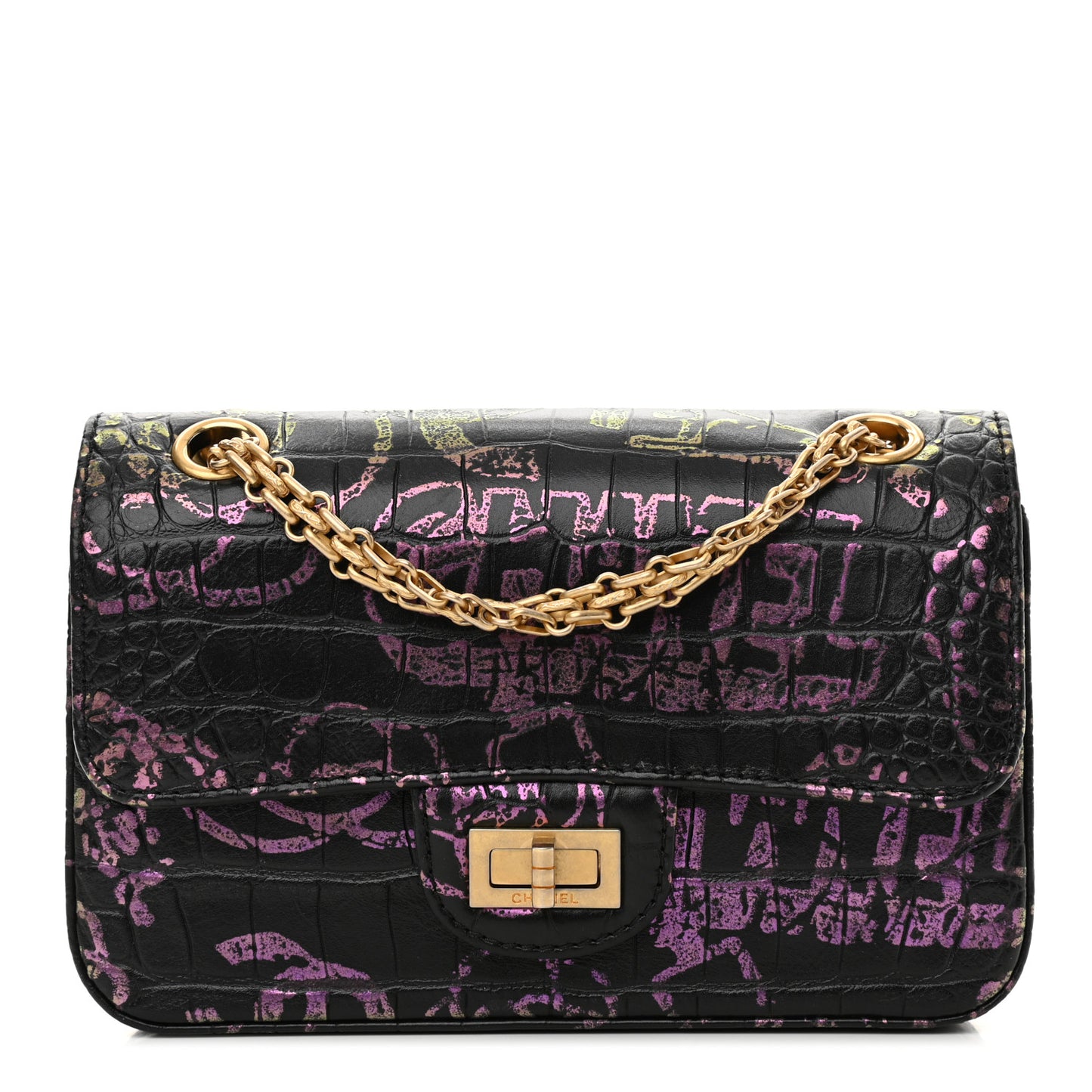 Calfskin Crocodile Embossed Graffiti 2.55 Mini Crocodile Reissue Flap Black Pink