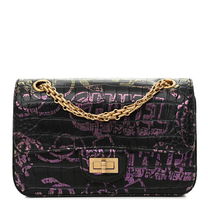 Chanel Calfskin Crocodile Embossed Graffiti 2.55 Mini Crocodile Reissue Flap Black Pink 1 of 10