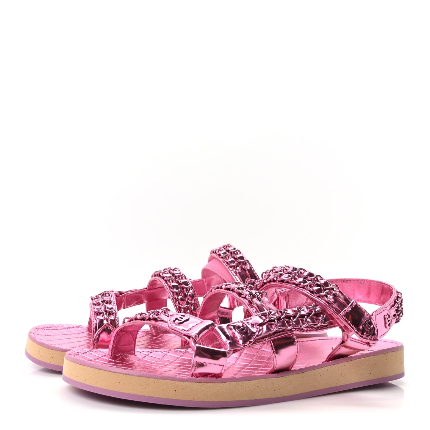Metallic Laminated Goatskin Chain Flat Sandals 41 Pink