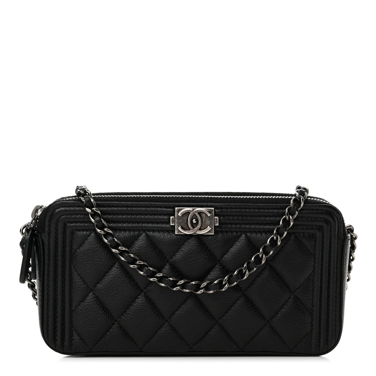 Calfskin Quilted Small Boy Clutch With Chain Black