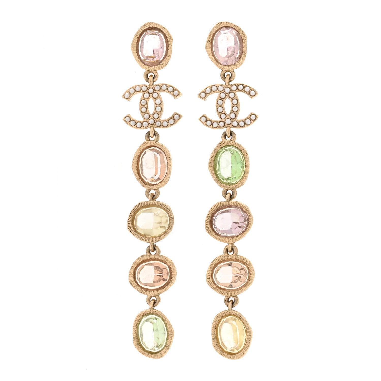 Chanel Metal Glass Crystal Strass Pearl CC Drop Earrings Gold Multicolor Pearly White 1 of 5