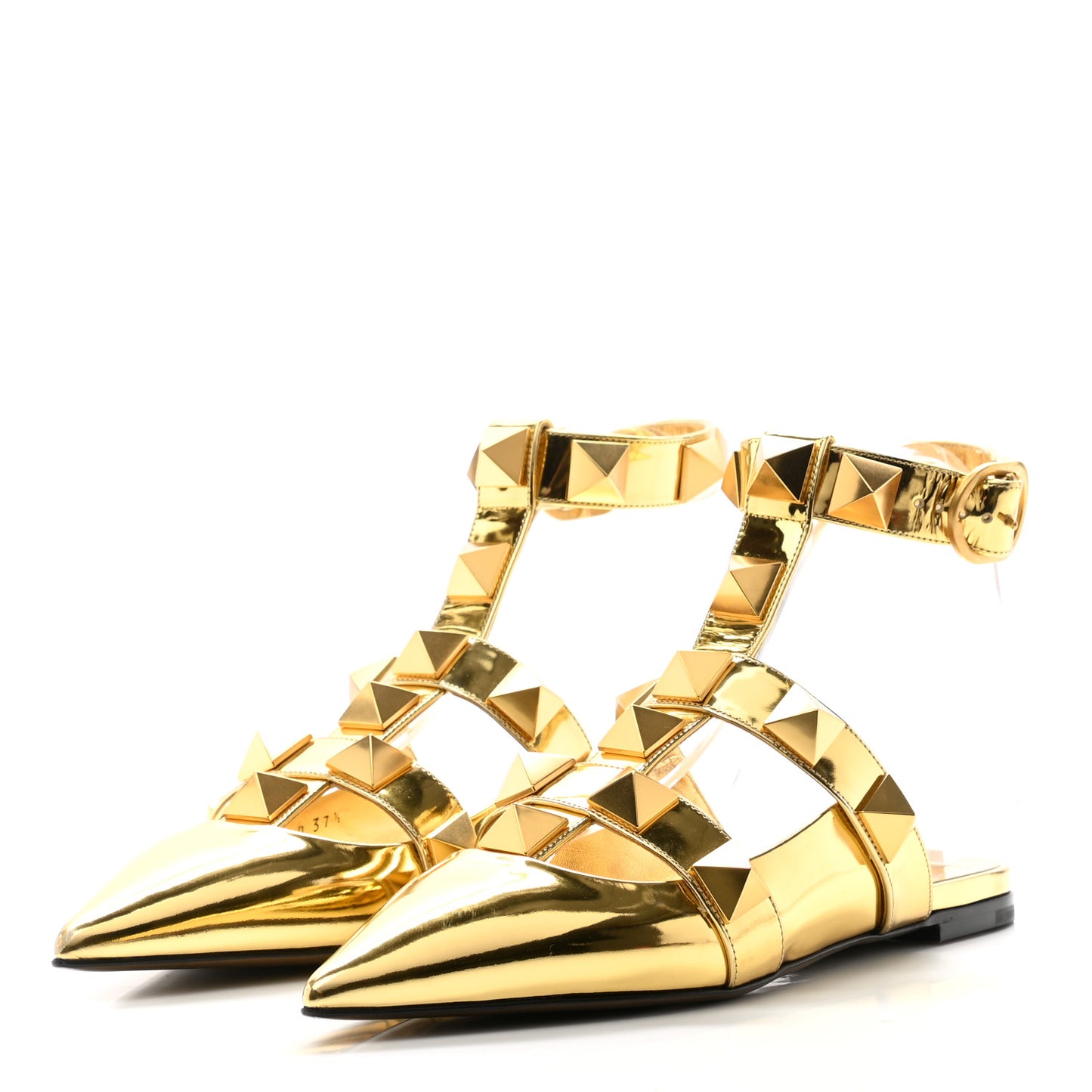 Metallic Patent Roman Stud Ankle Strap Flat Mules 37.5 Antique Brass