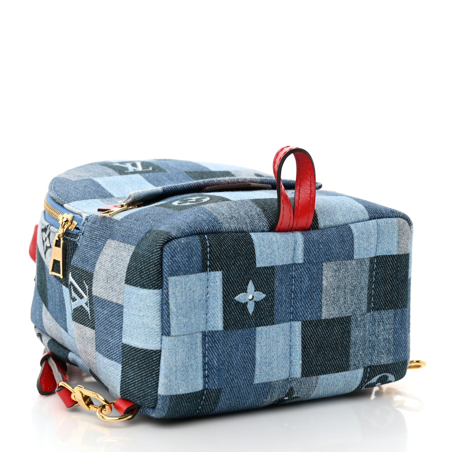 Denim Damier Monogram Patchwork Palm Springs Backpack Mini Blue Rouge