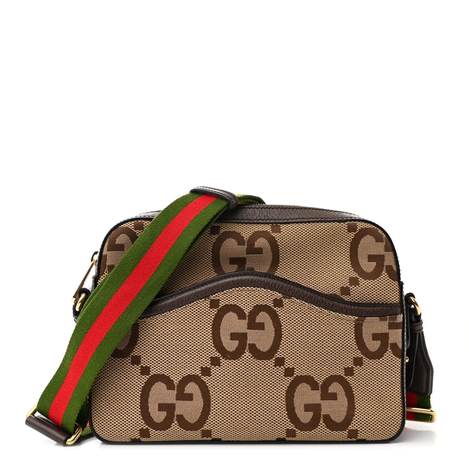 Gucci Monogram Jumbo GG Textured Dollar Calfskin Web Messenger Shoulder Bag Camel Ebony New Acero 1 of 11