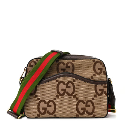 Gucci Monogram Jumbo GG Textured Dollar Calfskin Web Messenger Shoulder Bag Camel Ebony New Acero 1 of 11