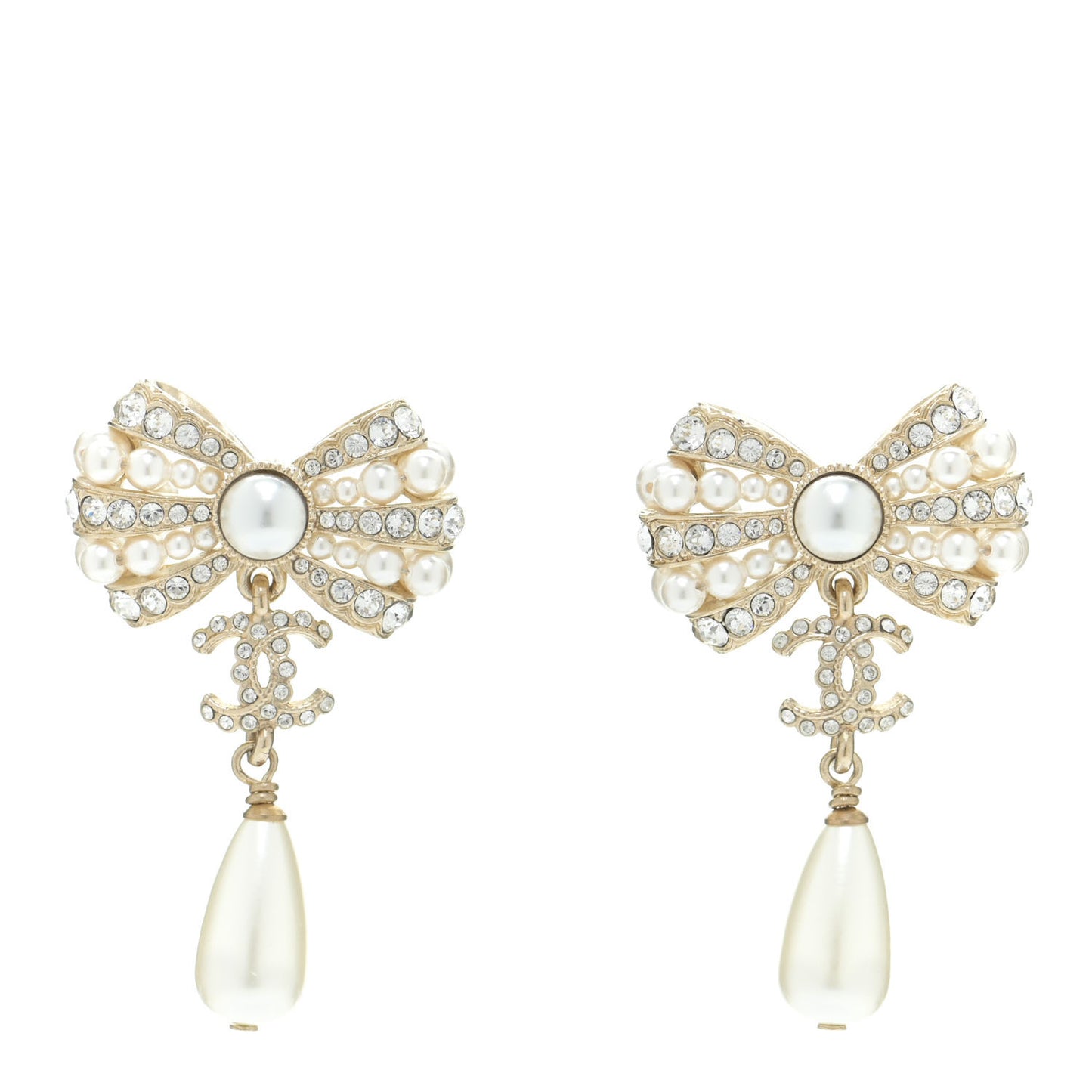 Crystal Pearl CC Bow Drop Earrings Gold Pearly White