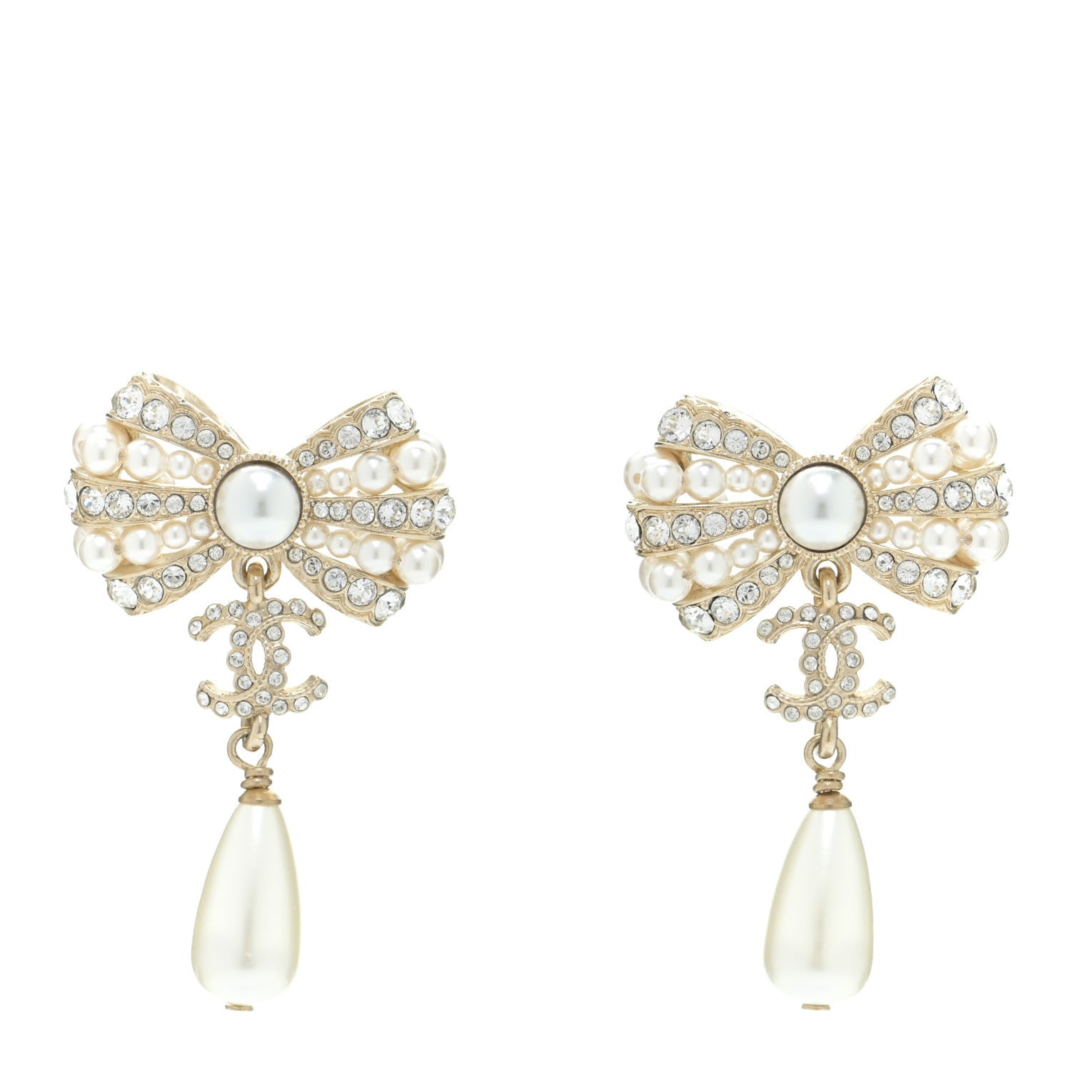 Chanel Crystal Pearl CC Bow Drop Earrings Gold Pearly White 1 of 5