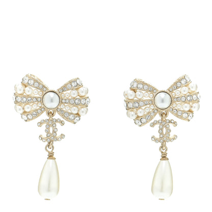 Chanel Crystal Pearl CC Bow Drop Earrings Gold Pearly White 1 of 5