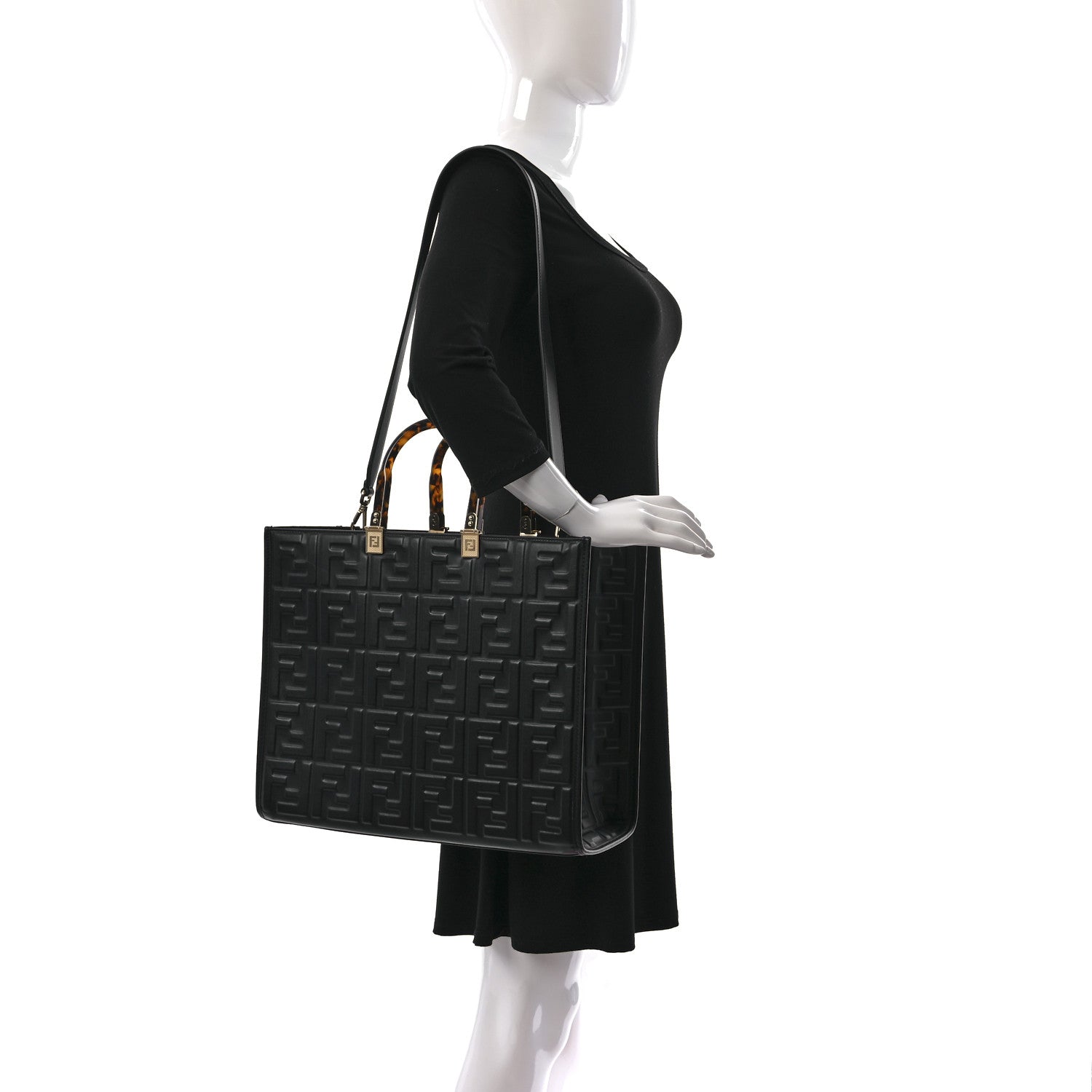 Fendi Vitello Plexiglass FF Embossed Medium Fendi Sunshine Shopper Tote Black 2 of 9