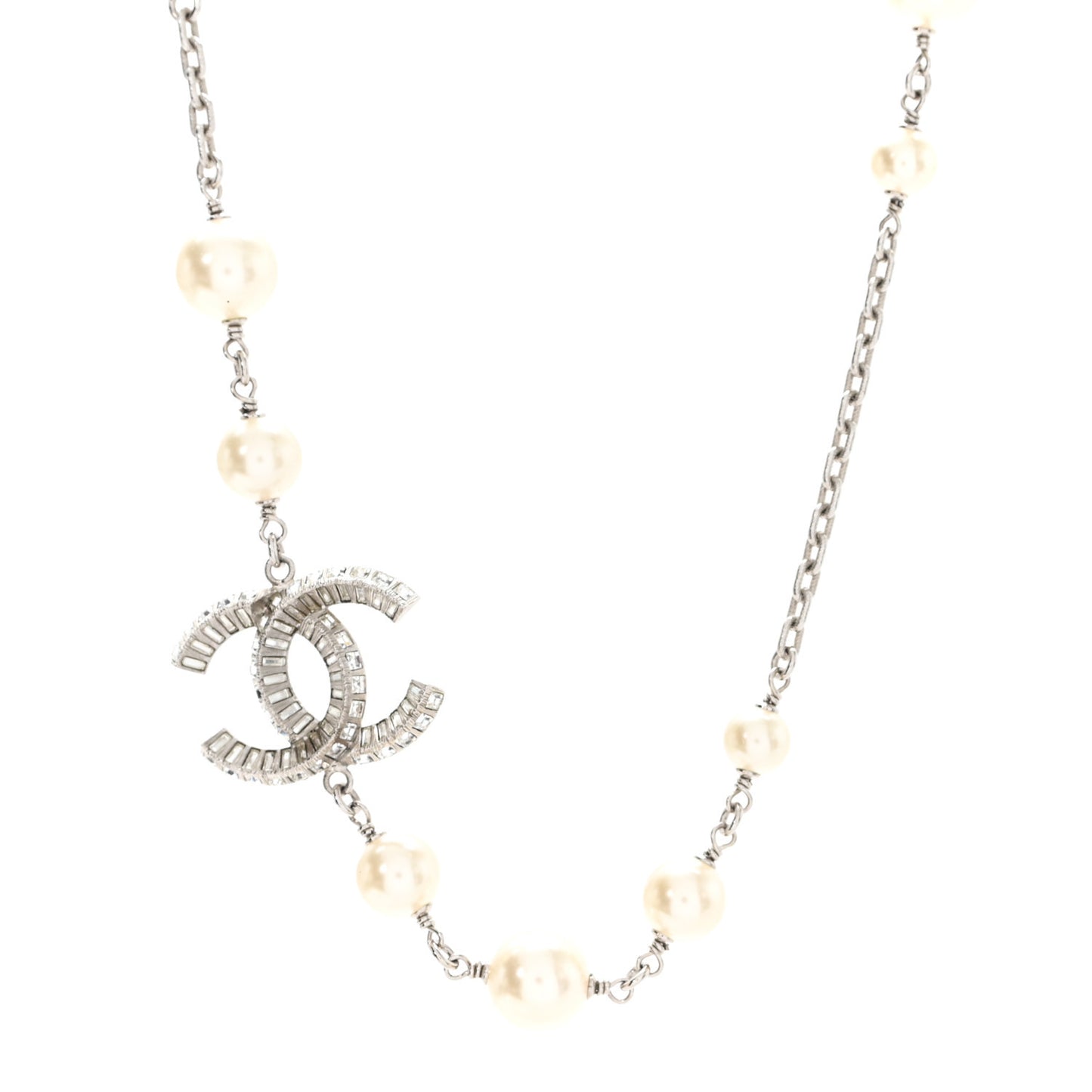Pearl Crystal Baguette CC Short Necklace  Silver