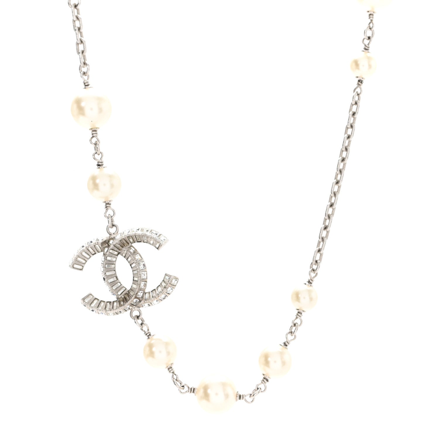 Chanel Pearl Crystal Baguette CC Short Necklace  Silver 1 of 4