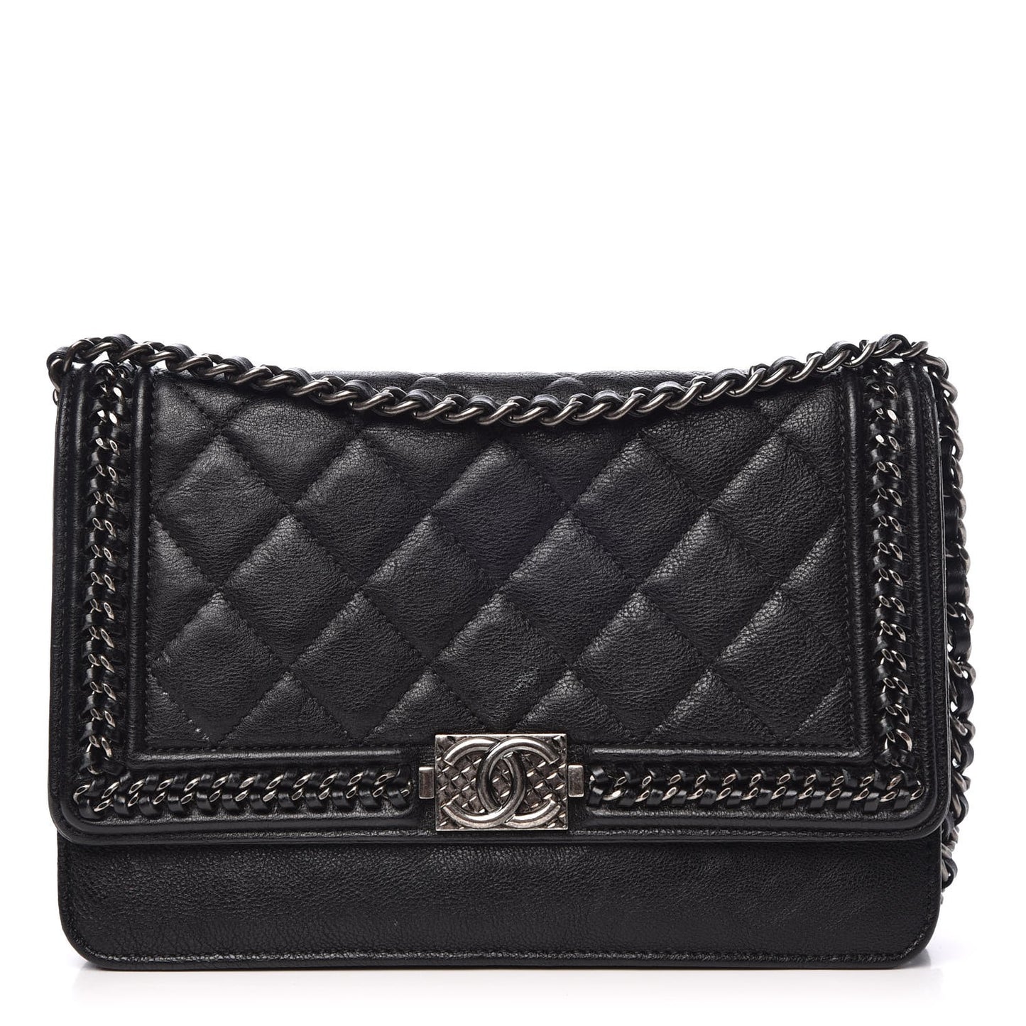 Calfskin Quilted Chain Around Boy Wallet On Chain WOC Black