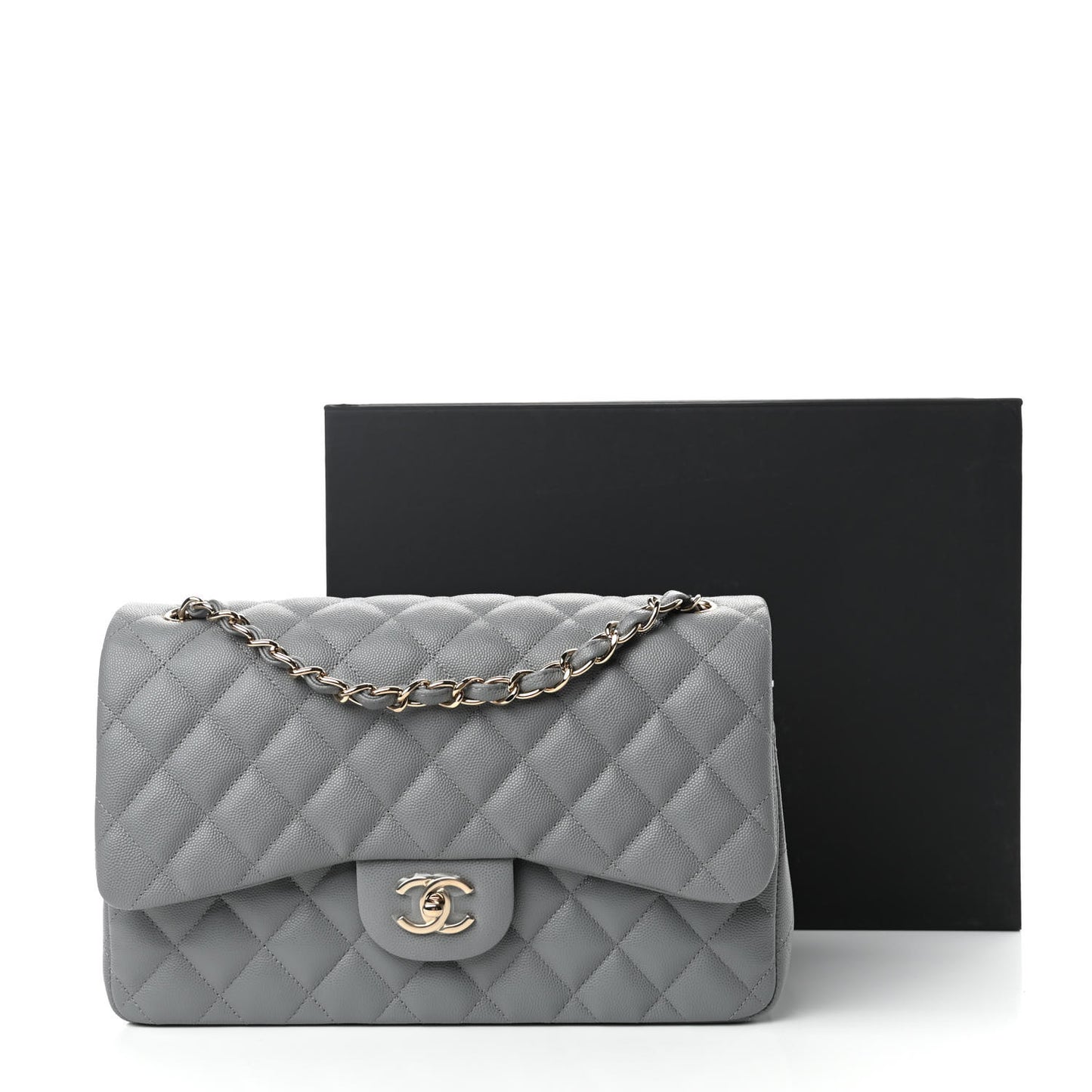 Caviar Quilted Jumbo Double Flap Grey