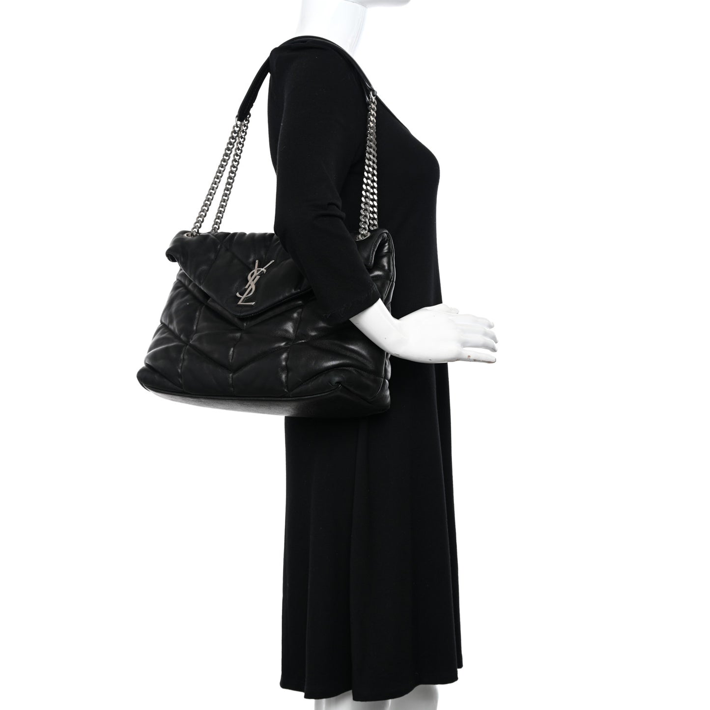 Lambskin Quilted Medium Loulou Puffer Monogram Chain Satchel Black