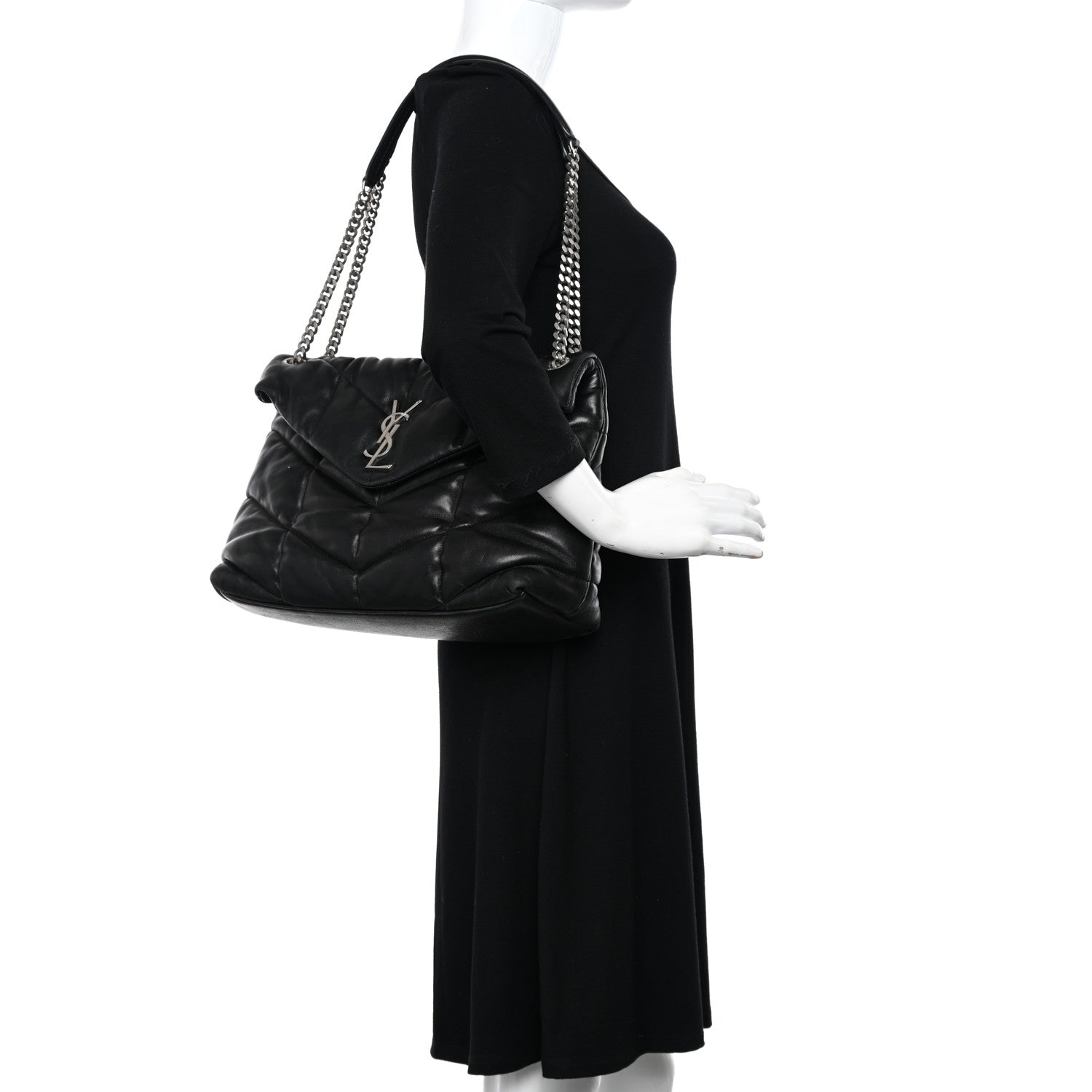 Saint Laurent Lambskin Quilted Medium Loulou Puffer Monogram Chain Satchel Black 2 of 10