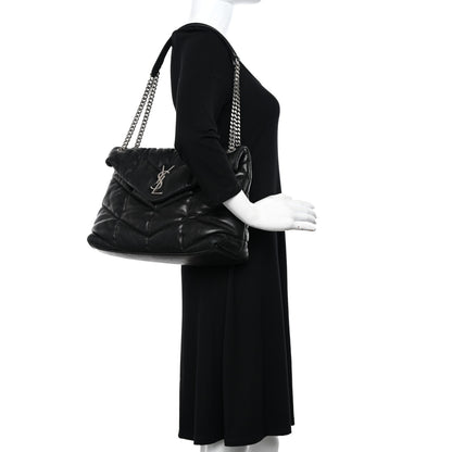 Saint Laurent Lambskin Quilted Medium Loulou Puffer Monogram Chain Satchel Black 2 of 10