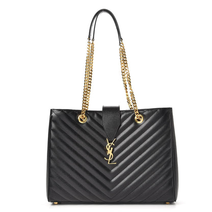 Saint Laurent Grain De Poudre Matelasse Chevron Monogram Shopping Bag Black 1 of 8